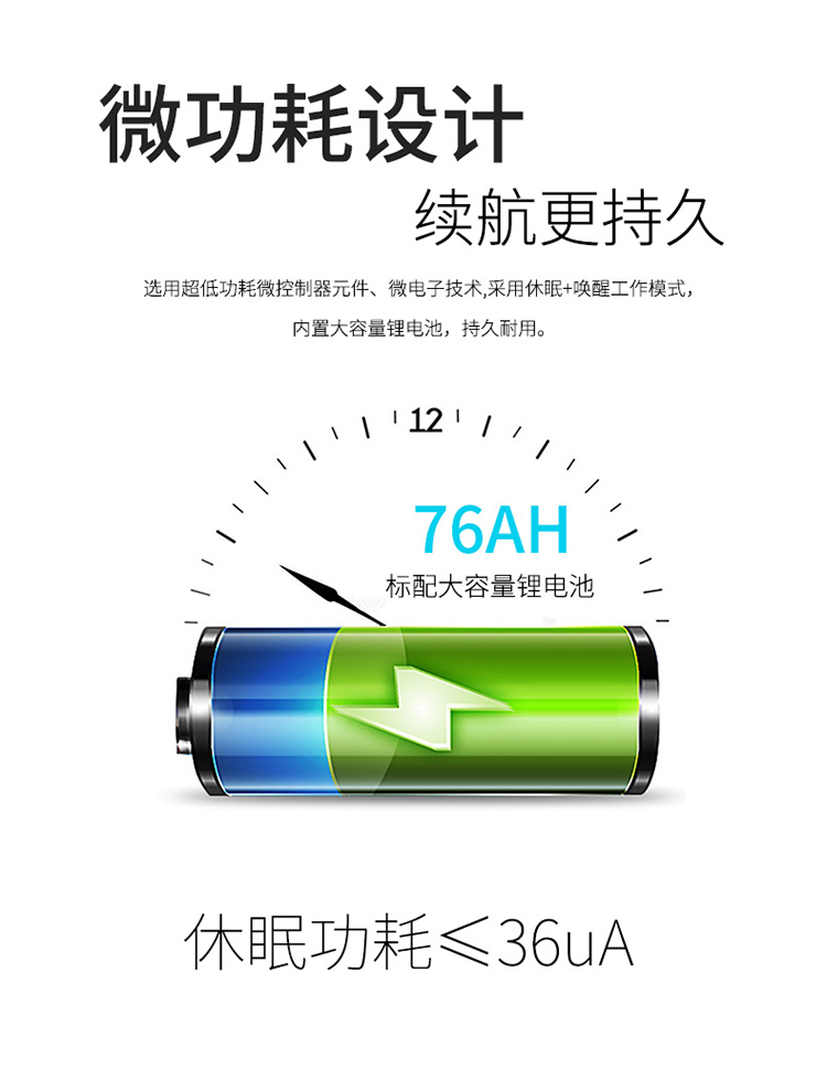 采用微功耗設計，選用超低功耗微控制器元件、微電子技術,采用休眠+喚醒工作模式；內置大容量鋰電池78AH，持久耐用。