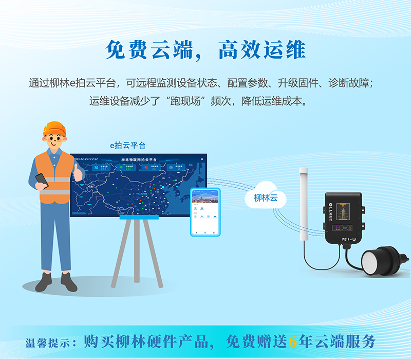 免費云端，高效運維：通過柳林e拍云平臺，可遠程監測設備狀態、配置參數、升級固件、診斷故障；運維設備減少了“跑現場”頻次，降低運維成本。