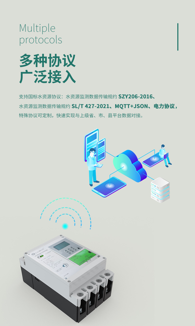 多種協(xié)議 廣泛接入,一體式以電折水智能終端支持國標(biāo)水資源協(xié)議:水資源監(jiān)測數(shù)據(jù)傳輸規(guī)約 SZY206-2016、水資源監(jiān)測數(shù)據(jù)傳輸規(guī)約 SL/T 427-2021、MQTT+JSON、電力協(xié)議,特殊協(xié)議可定制,快速實現(xiàn)與上級省、市、縣平臺數(shù)據(jù)對接。